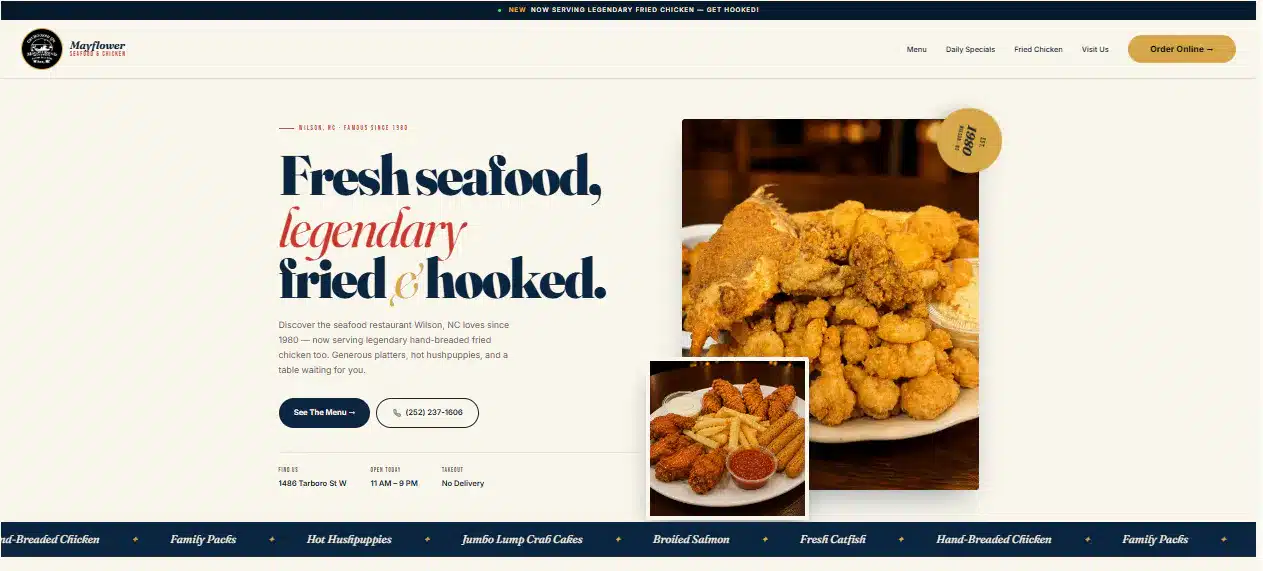 Mayflower Seafood and Chicken restaurant website designed by Kelot Digital