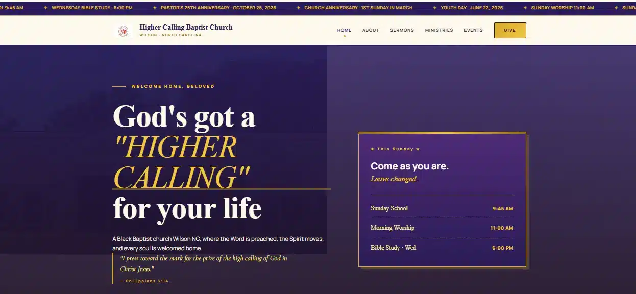 Higher Calling Baptist Church website designed by Kelot Digital