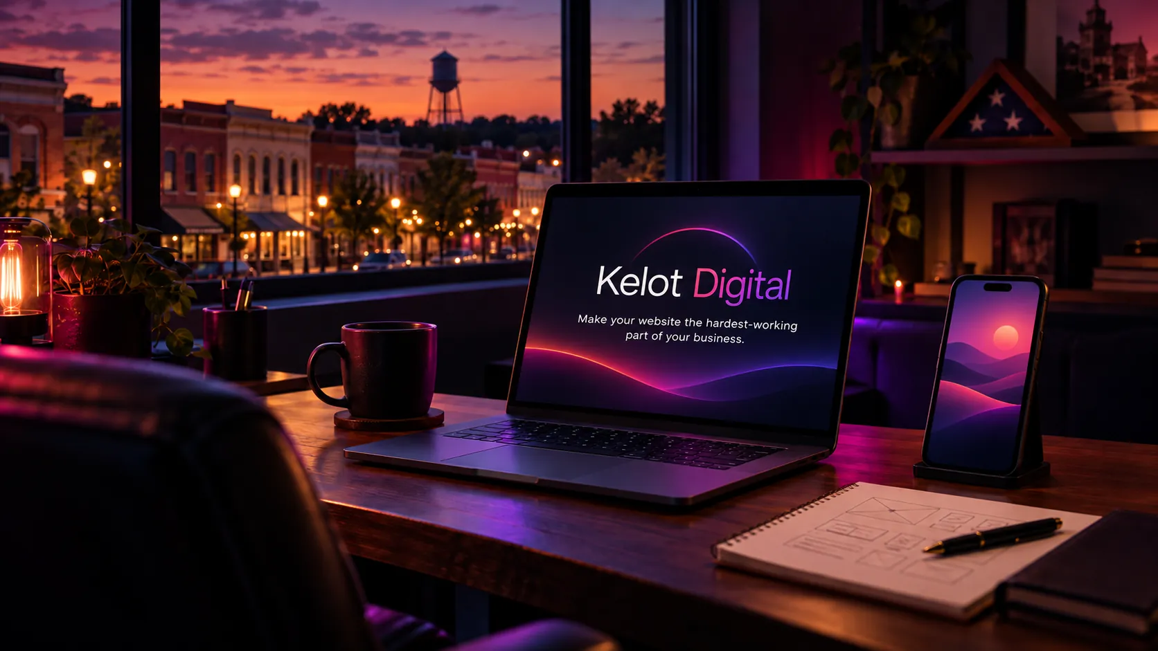 The same desk with the finished Kelot Digital website live on the laptop and phone