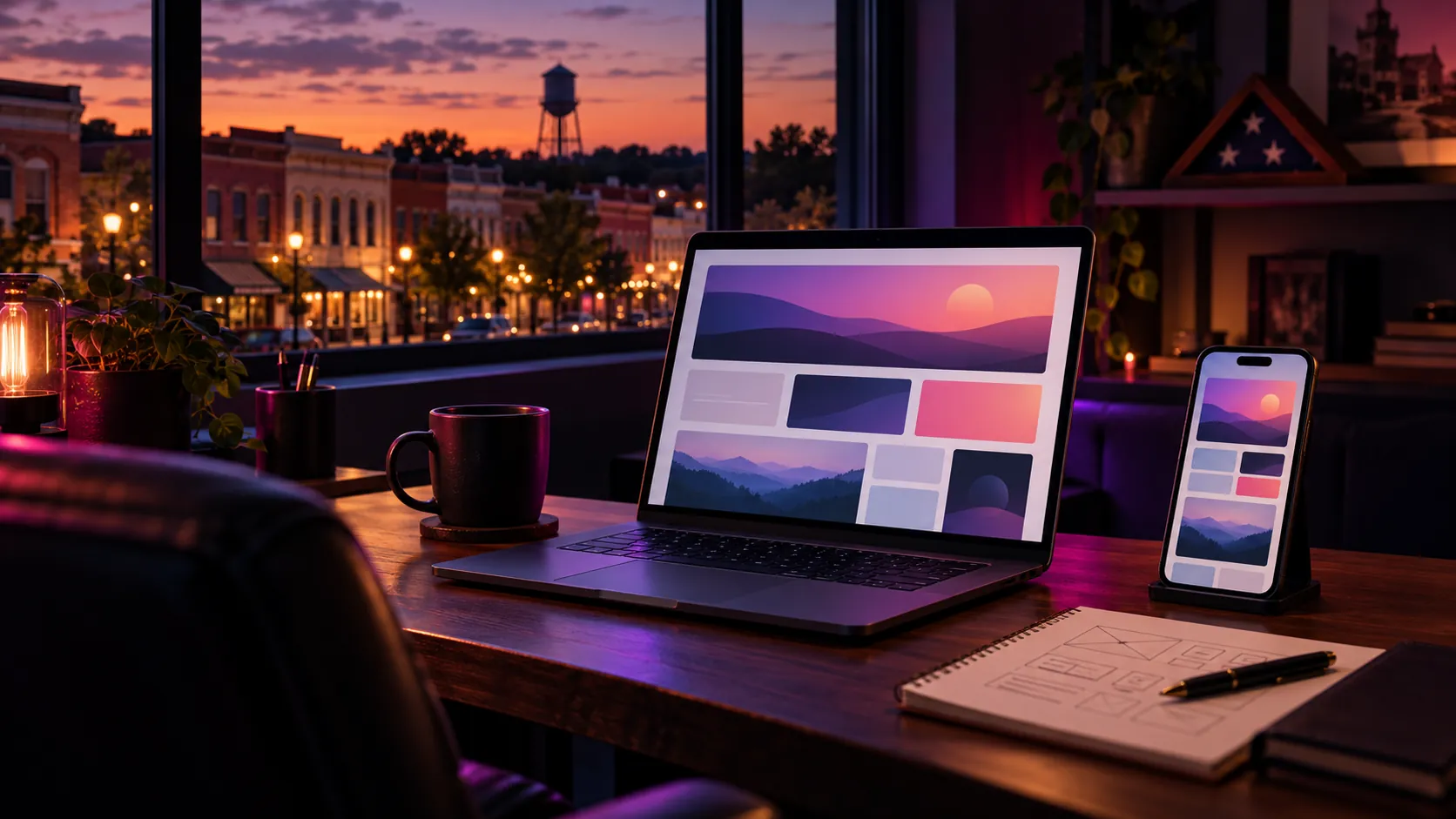 A web designer's desk in Wilson, NC at dusk, with website wireframes on the laptop and phone